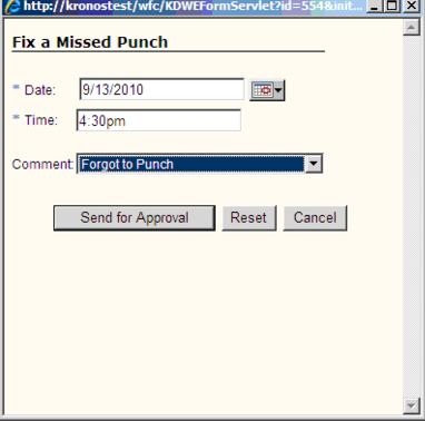 A screen capture containing 9/13/2010 in the date field, 4:30pm in the Time field, and Forgot to Punch selected in the Comment List.