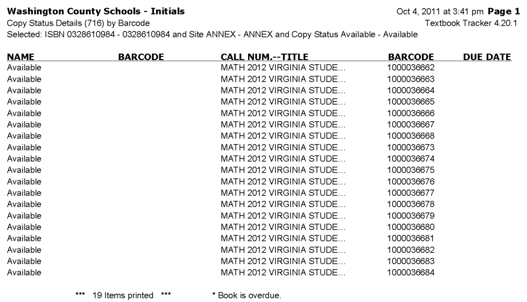 screen shot of report