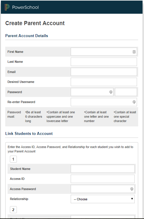 An example Parent Portal account creation screenshot with a strong password and linking a new account for a mother to a student by using the access code and access password